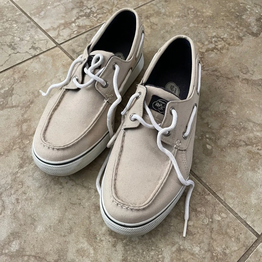 Sperry Top-Sider Mens 9.5 Beige Canvas Boat Shoes 0777144 A4-CH17 Neutral Casual